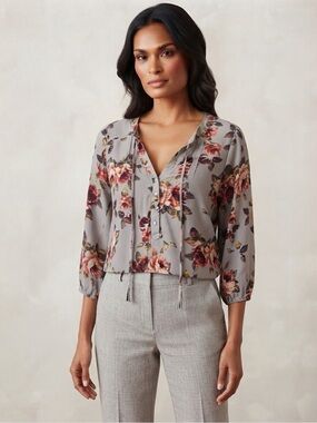 Princess Vera Wang Woven Floral Tie-Neck Blouse - Gray with Red Floral